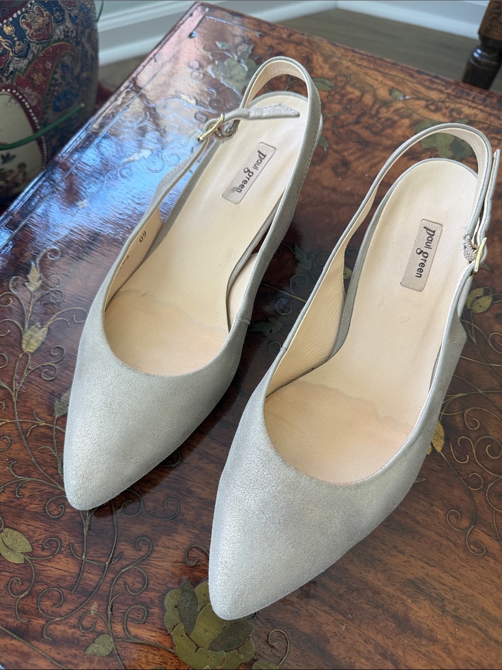 Paul Green Silver Pointed-Toe genuine leather Slingbacks